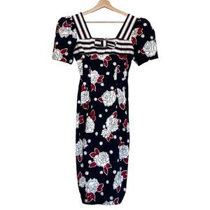 Vintage LESLIE LUCKS Puff Sleeve Floral Pinup Pencil Dress